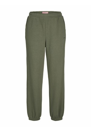 Grønne joggebukser med elastisk midje og mansjetter, laget av myk stoff. Har sidelommer og en diskret logo på leggen.