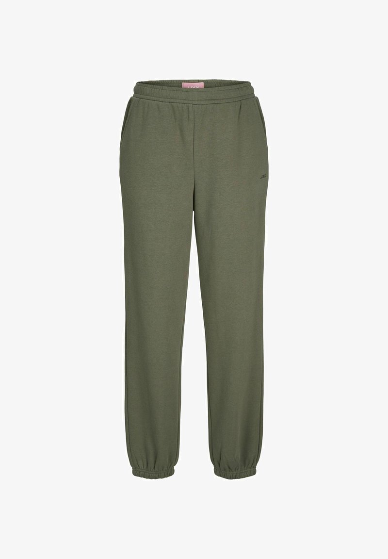 Pantalon de survêtement vert avec taille élastique et poignets élastiques, fabriqué en tissu doux. Possède des poches latérales et un détail de logo subtil sur la jambe.