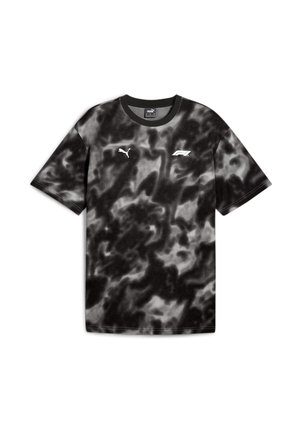 Czarny i szary T-shirt w dogodnym stylu tie-dye, z krótkimi rękawami, okrągłym dekoldem i białym logo Puma na klatce piersiowej. Miękki materiał o luźnym kroju.
