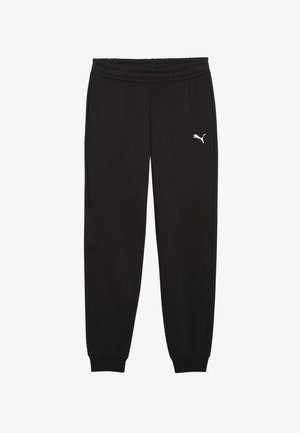 Zwarte joggers met elastische tailleband, geribbelde enkels en wit Puma-logo op de linker dij, getoond op een witte achtergrond.
