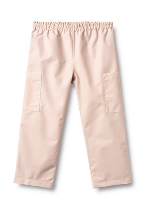 Pantaloni rosa pallido realizzati in tessuto liscio, con fascia elastica in vita e due tasche laterali. Design a gamba dritta senza motivi visibili.