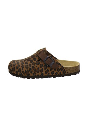 Slip-on clog with leopard print fabric, adjustable brown strap with black buckle, cork footbed, and black textured sole.
