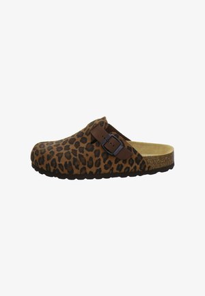Slip-on clog with leopard print fabric, adjustable brown strap with black buckle, cork footbed, and black textured sole.