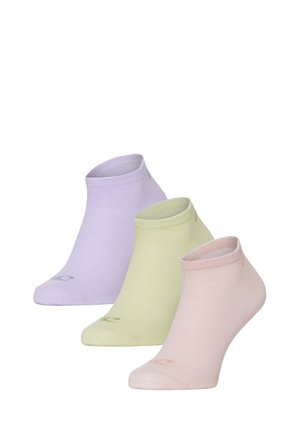 Trois paires de chaussettes courtes en couleurs pastel : lavande, vert clair et rose doux. Fabriquées en un matériau lisse et extensible avec des bordures côtelées.