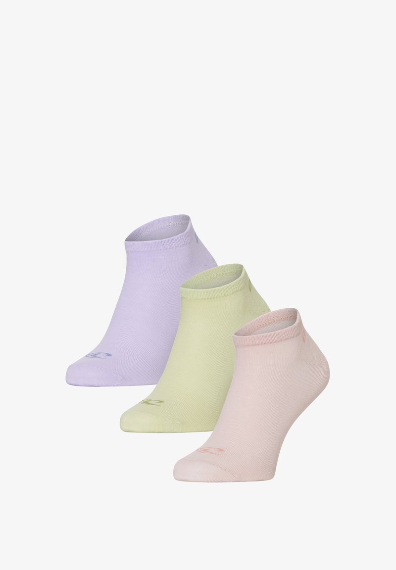 Drie paar enkel sokken in pastelkleuren: lavendel, lichtgroen en zachtroze. Gemaakt van een glad, rekbaar materiaal met geribbelde boorden.