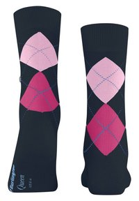 Calzini fino al ginocchio di colore blu navy con motivi a rombi rosa e rosa chiaro. Presentano dettagli di cucitura blu e una texture liscia e elastica.
