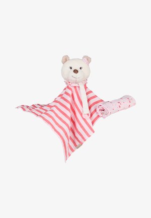 Soft beige teddy bear comforter with pink bow and striped pink and white blanket, next to a rolled pink baby blanket with heart patterns.