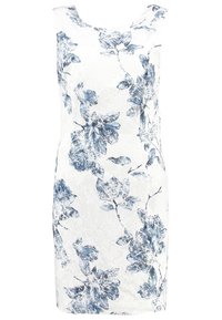 Vestido blanco sin mangas con estampado floral azul, silueta ajustada y escote redondo.