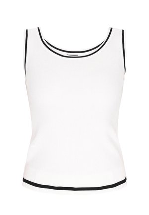 Balta juostuota moteriška maikutė, su apvalia iškirpte, juodomis dvigubomis juostelėmis ir juodu apatine pakraštine. Paprastas, be rankovių dizainas.