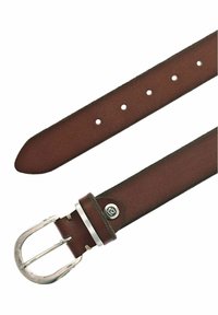 Ceinture en cuir marron à finition lisse, avec une boucle en métal argenté et plusieurs trous pour ajuster la taille. Accentuée d'un détail logo près de la boucle.