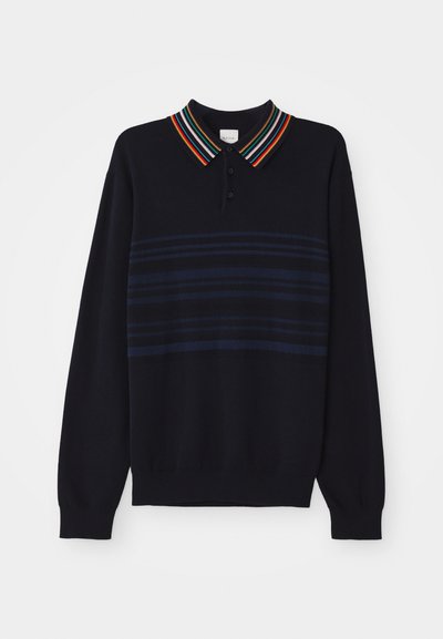 Navy knitted polo sweater with multicolored striped collar, three-button placket, and horizontal darker blue stripes across the chest.