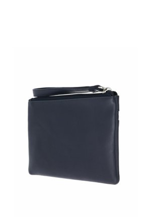 Dark blue leather wristlet pouch with zip closure and silver zipper pull on a white background.