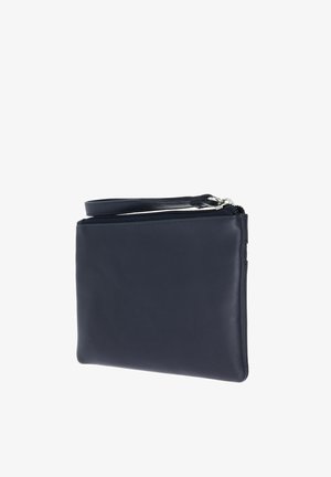 Dark blue leather wristlet pouch with zip closure and silver zipper pull on a white background.