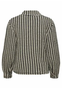 Blouse à motif pied-de-poule noir et crème avec col, manches ballon longues, et coupe légèrement courte. Tissu texturé.