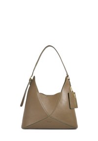 Brown leather handbag with a unique triangular design, a curved handle, and gold hardware details, including a small zipper pocket accent.