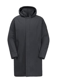 Parka impermeabile scura con cappuccio, caratterizzata da una linea dritta, chiusura con zip frontale e tasche laterali. Texture liscia, design minimalista.