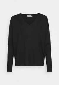 Haut noir à manches longues avec col en V et coupe décontractée. Confectionné dans un matériau doux, il présente une texture subtile et un ourlet droit.