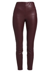 Burgundowe legginsy z sztucznej skóry o wysokim stanie, gładkiej teksturze i dopasowanym kroju, zwężające się przy kostkach, co zapewnia elegancki sylwetkę.