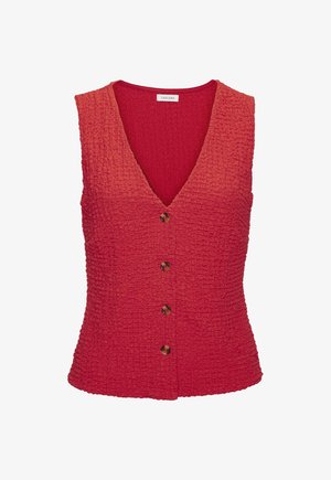 Rotes, strukturiertes, ärmelloses Top mit einem tiefen V-Ausschnitt und fünf Knöpfen auf der Vorderseite. Weicher, zerknitterter Stoff mit einem subtilen Farbverlaufseffekt.