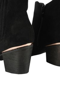 Stivaletti neri in suede con punta rotonda, zip laterale e tacco in legno affusolato con un accento metallico alla base.