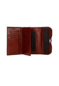 Brązowy skórzany portfel z wieloma przegródkami na karty, przezroczystym okienkiem na identyfikator i funkcją ochrony RFID. Gładka faktura i składany design.