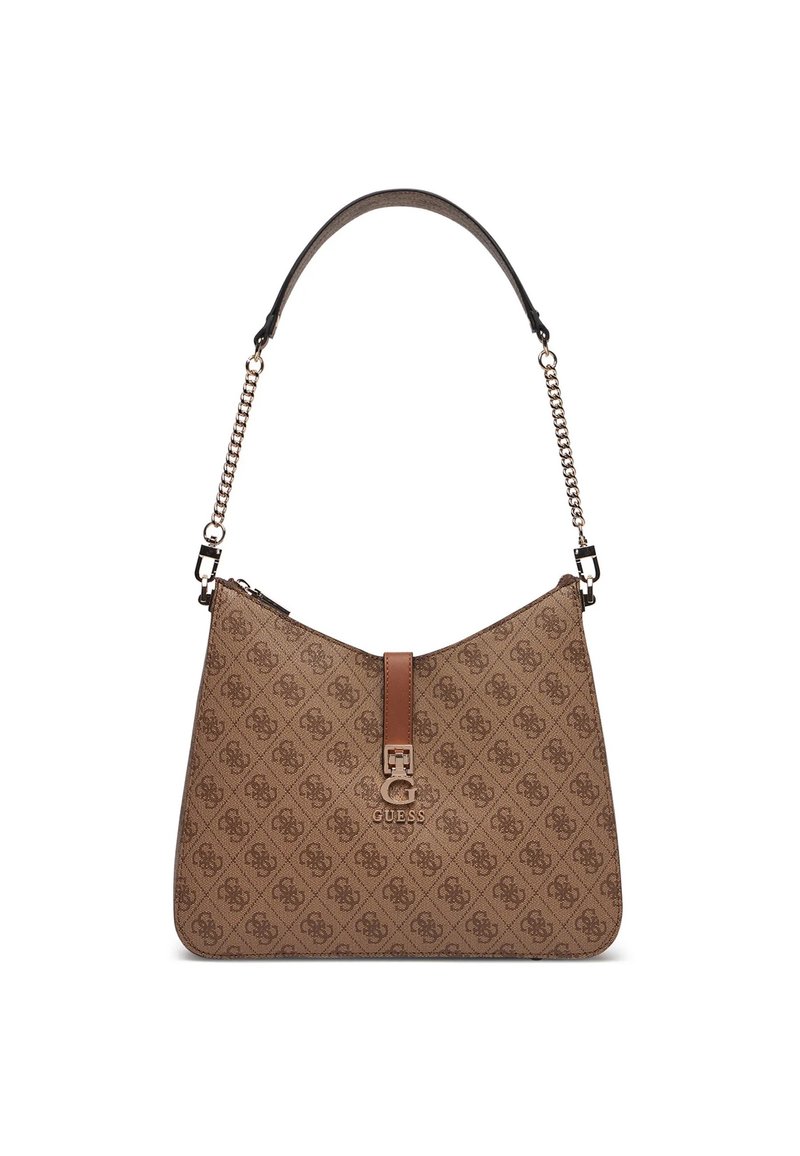 Sac à main texturé marron avec une forme incurvée, accentué d'une bandoulière en chaîne et d'une poignée en cuir. Présente un logo et un motif décoratif.