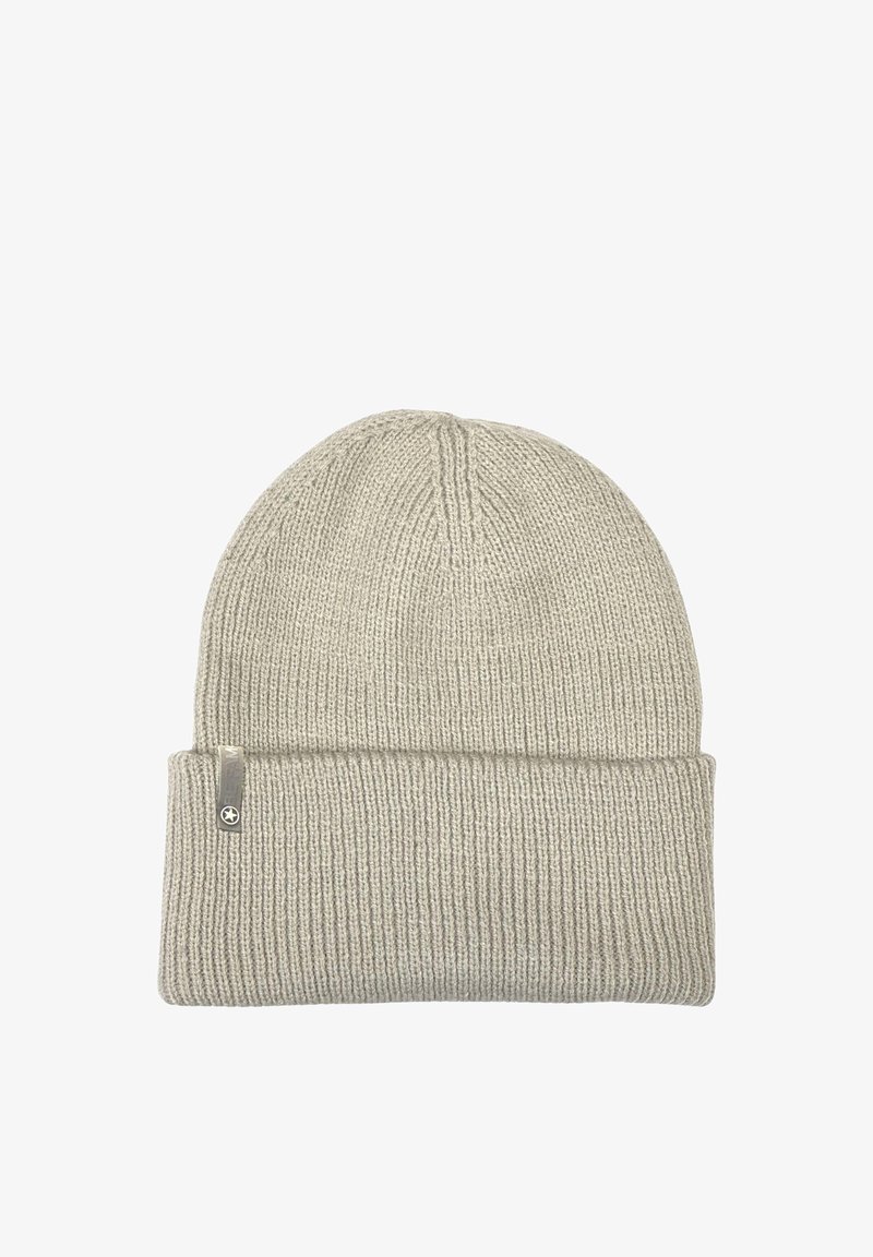 Light gray knit beanie with a folded brim, made of soft material, featuring a small metal logo label on the side.