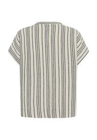 Korte mouw top in beige stof met verticale marineblauwe strepen. Heeft een ronde halslijn en een losse pasvorm, geschikt voor casual kleding.