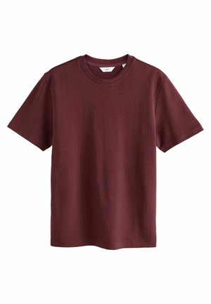 Burgunderfarbendes Baumwoll-T-Shirt mit kurzen Ärmeln, rundem Halsausschnitt und glatter Textur. Keine sichtbaren Muster oder Akzente.