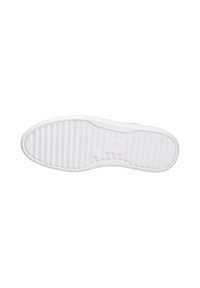 White rubber sneaker sole with a textured grip pattern and slightly rounded edges. Features a logo engraved near the arch area.