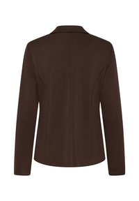 Blazer marron foncé à manches longues avec col, vu de dos, doté d'une coupe ajustée et d'un détail de couture centrale.