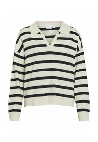 Maglione a righe con scollatura a V e maniche corte e ampie. Realizzato in tessuto morbido con righe alternate di nero e crema.