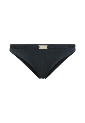 Bas de bikini bleu foncé taille basse avec un motif texturé subtil, taille ajustable et petit détail de boucle centrale en argent.