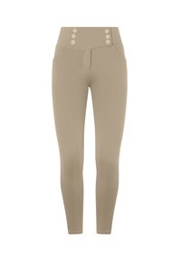 Leggings beiges taille haute avec une texture lisse, dotés de poches avant et de trois boutons décoratifs à la taille.