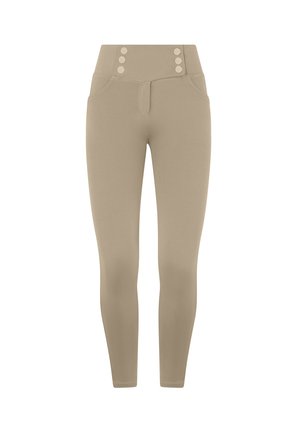 Leggings beiges taille haute avec une texture lisse, dotés de poches avant et de trois boutons décoratifs à la taille.