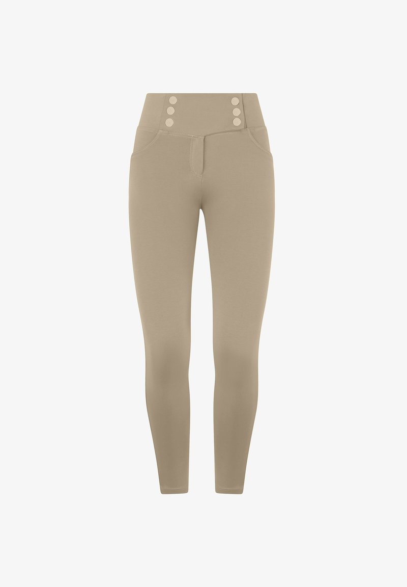 Leggings beiges taille haute avec une texture lisse, dotés de poches avant et de trois boutons décoratifs à la taille.