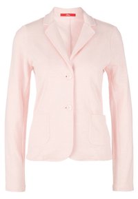 Světle růžový, přiléhavý blazer s klopovým límcem, dvěma předními kapsami a zapínáním na knoflík. Vyrobeno z hladké látky s jemnou texturou.