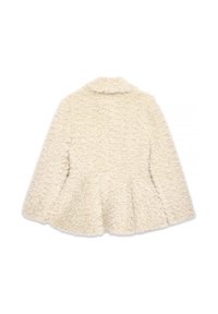 Cremefarvet, tekstureret, faux fur frakke med peplum-design og krave. Bagsiden har en fluffy, shaggy overflade.