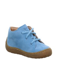 Blaue Wildleder-Schnürschuhe mit runder Zehenform, brauner Gummisohle und gestickten Details an den Kanten. Das Innenfutter ist mit leichtem Material ausgekleidet.