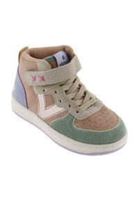 Hög sneakers med en flerfärgad design i beige, rosa, grön och lavendelmocka. Inkluderar snören och ett kardborreband.