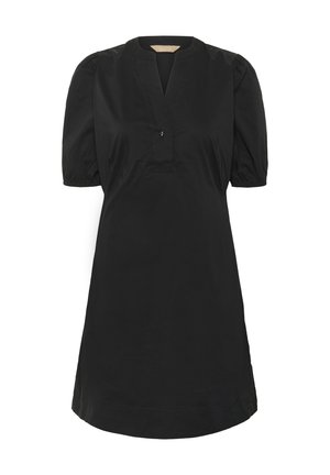 Czarna sukienka o luźnym kroju, krótkich bufiastych rękawach, dekolcie w kształcie litery V oraz jednym guzikiem na kołnierzyku. Gładki materiał.