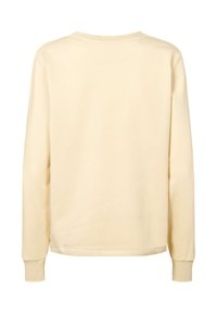 Crèmekleurig sweatshirt met lange mouwen, geribbelde manchetten, ronde hals en een effen achterzijde, afgebeeld op een witte achtergrond.