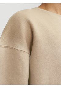 Felpa beige con scollo rotondo, spalle cadute e tessuto liscio e testurizzato con cuciture visibili.
