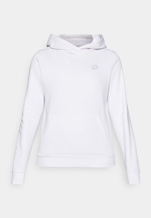 Hvit hettegenser laget av myk stoff, med kengurulomme, ribbede mansjetter og nederkant, med en liten grå logo på brystet.