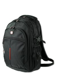 Zwarte rugzak van duurzaam materiaal met een textuur oppervlak, meerdere compartimenten, ritsen, een zijvak van mesh en rode accentdetails.