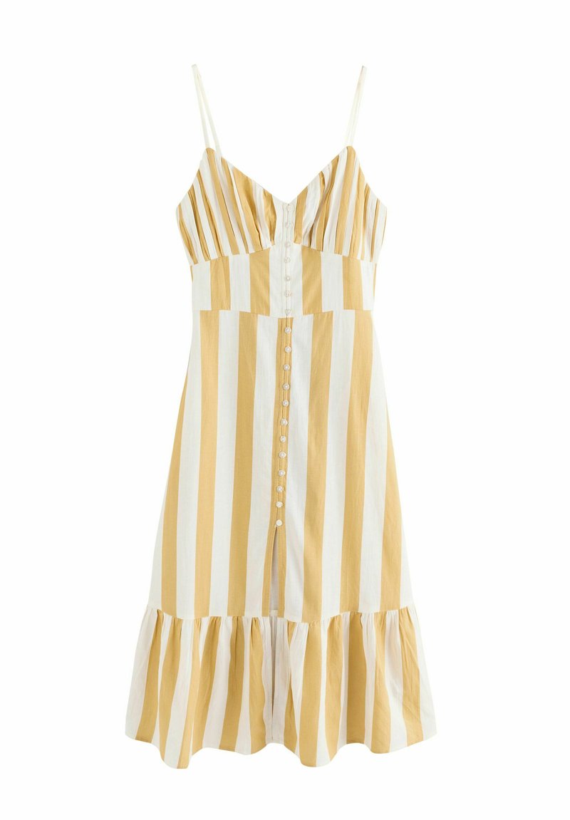 Robe rayée jaune et blanche avec bretelles spaghetti réglables, fermeture à boutons sur le devant, et ourlet froncé. Fabriquée en tissu léger.