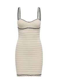 White knit dress with a fitted shape, features thin straps, a scalloped hem, and contrasting black trim along the neckline and hem.