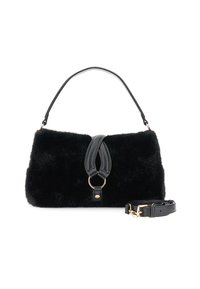 Borsa in pelliccia sintetica nera con design strutturato, dettagli in pelle nera liscia, manico superiore e tracolla removibile. Presenta un anello in metallo dorato.