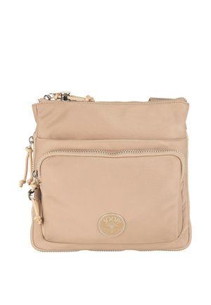 Beige stof crossbody-taske med frontlynlåslomme, justerbar rem og rundt logopatch med teksten "Joop! Jeans" nederst i midten.