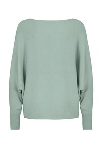 Hellgrüner Strickpullover mit weitem Ausschnitt, überschnittenen Schultern und gerippten Bündchen. Weiche Textur, lockere Passform und einfarbig durchgehend.